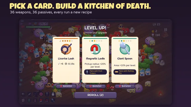 Level-up screen in Chef Survivor over a horde, offering three upgrade cards — Licorice Lash, Magnetic Ladle and Giant Spoon, each passive marked with the weapon it pairs with — with banish and reroll buttons