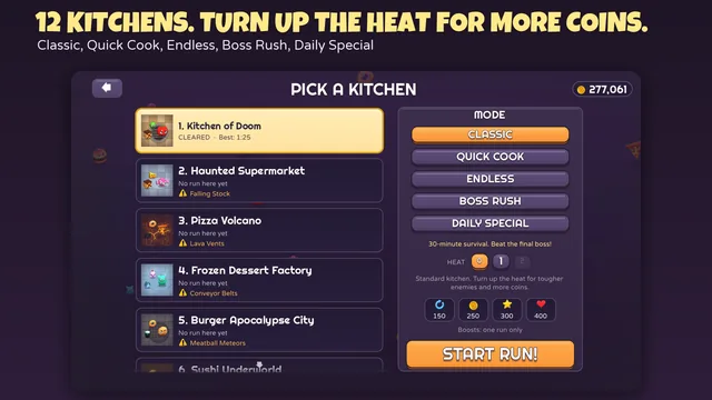 Kitchen select screen in Chef Survivor listing the kitchens with their hazards, the five modes — Classic, Quick Cook, Endless, Boss Rush, Daily Special — and the Heat dial