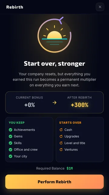 Digital Nomad Tycoon: the rebirth screen, with what you keep and what starts over